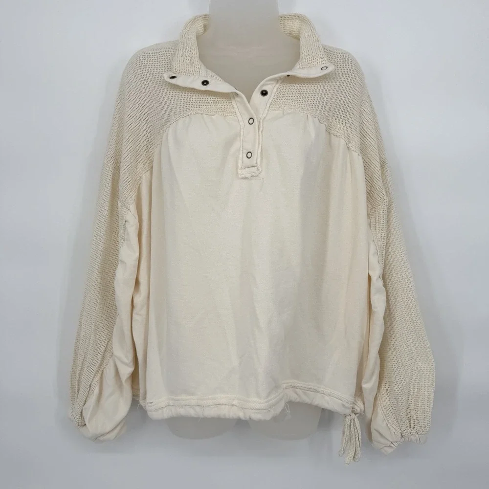 UO Out From Under M Oversized Mesh Henley Sweatshirt Snap Closure Coastal Boho - Picture 2 of 8